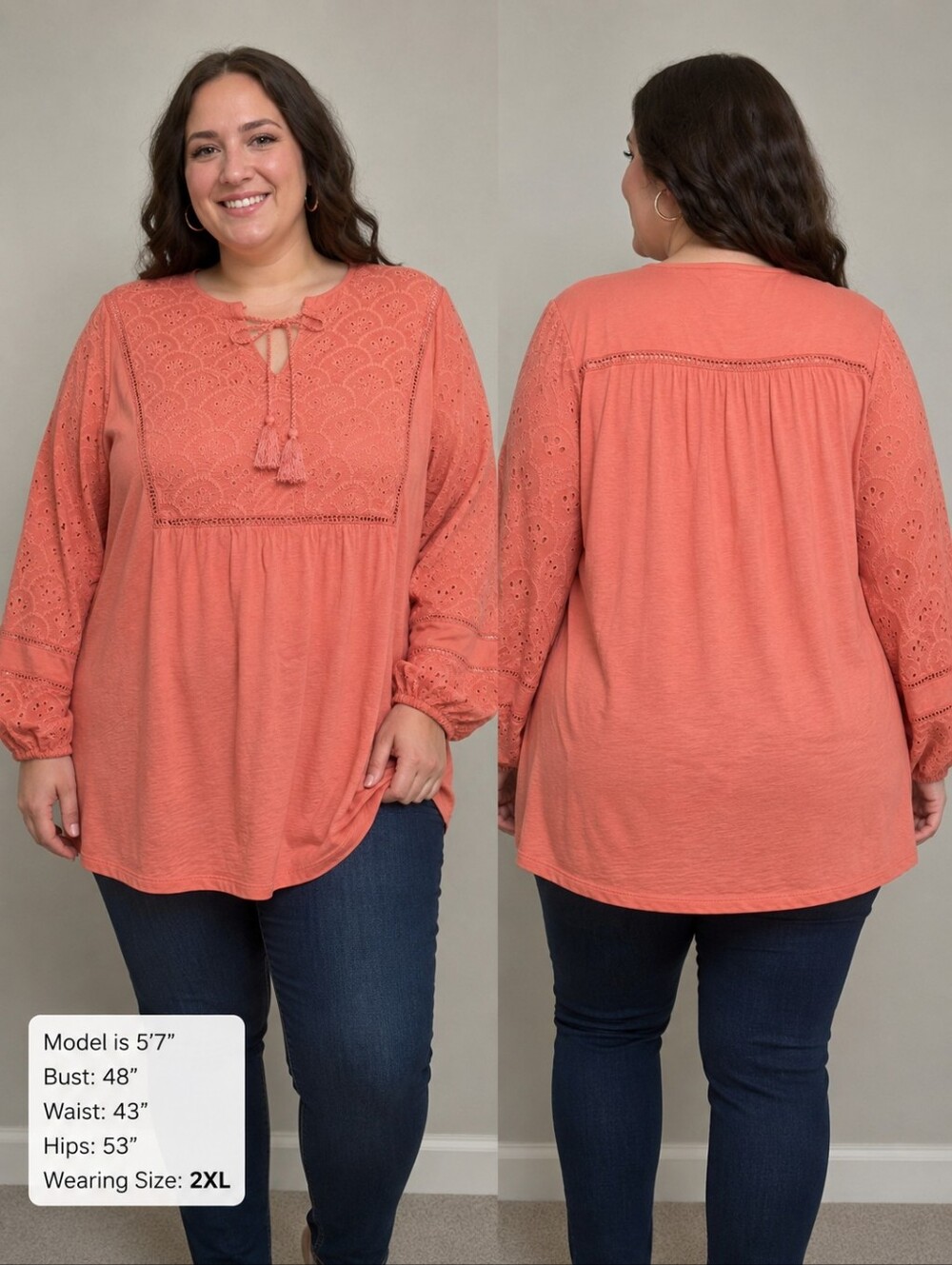 Peasant Boho Tunic Top 2X NWT Coral Eyelet Sleeve Tassel Tie Plus Size Blouse